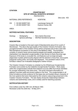 CRAWTON BAY SITE of SPECIAL SCIENTIFIC INTEREST Aberdeenshire Site Code: 453 NATIONAL GRID REFERENCE: NO879796