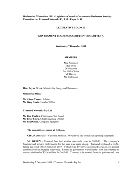 Wednesday 7 December 2011 - Legislative Council - Government Businesses Scrutiny Committee a - Transend Networks Pty Ltd - Pages 1 - 40