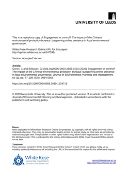 Engagement Or Control? the Impact of the Chinese Environmental Protection Bureaus’ Burgeoning Online Presence in Local Environmental Governance