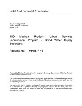 Madhya Pradesh Urban Services Improvement Project: Bhind Water Supply Subproject Initial Environmental Examination