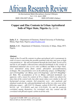 Copper and Zinc Contents in Urban Agricultural Soils of Niger State, Nigeria (Pp