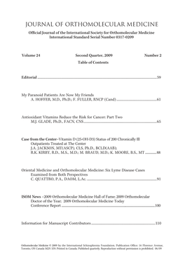 Journal of Orthomolecular Medicine Ofﬁcial Journal of the International Society for Orthomolecular Medicine International Standard Serial Number 0317-0209