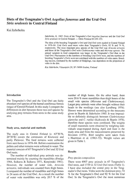 Diets of the Tengmalm's Owl Aegolius Funereus and the Ural Owl Strix Uralensis in Central Finland