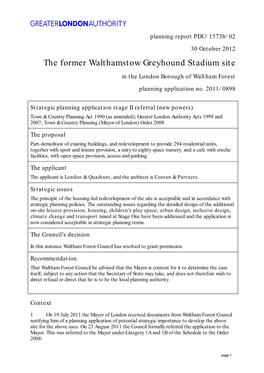 The Former Walthamstow Greyhound Stadium Site in the London Borough of Waltham Forest Planning Application No