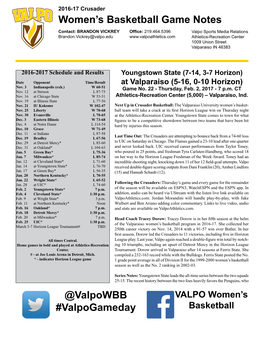 Women's Basketball Game Notes @Valpowbb #Valpogameday