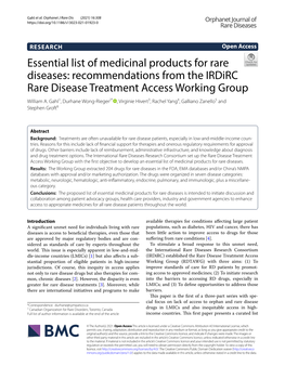 Essential List of Medicinal Products for Rare Diseases: Recommendations from the Irdirc Rare Disease Treatment Access Working Group William A