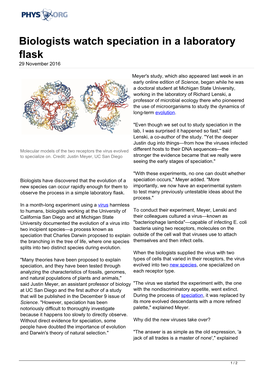 Biologists Watch Speciation in a Laboratory Flask 29 November 2016