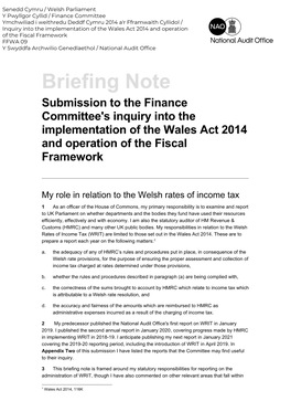 Briefing Note Submission to the Finance Committee's Inquiry Into the Implementation of the Wales Act 2014 and Operation of the Fiscal Framework