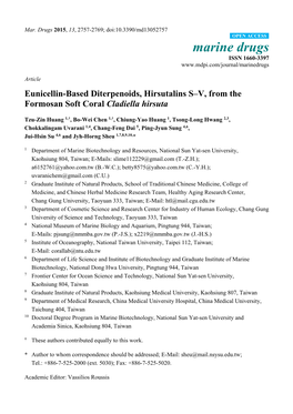 Eunicellin-Based Diterpenoids, Hirsutalins S–V, from the Formosan Soft Coral Cladiella Hirsuta