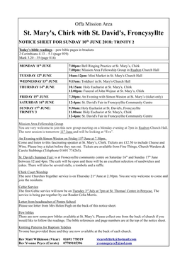 St. Mary's, Chirk with St. David's, Froncysyllte NOTICE SHEET for SUNDAY 10Th JUNE 2018: TRINITY 2