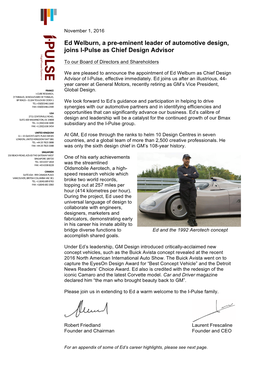 Ed Welburn, a Pre-Eminent Leader of Automotive Design, Joins I-Pulse As Chief Design Advisor