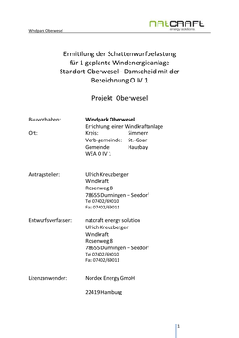 Ermittlung Der Schattenwurfbelastung Für 1 Geplante Windenergieanlage Standort Oberwesel - Damscheid Mit Der Bezeichnung O IV 1