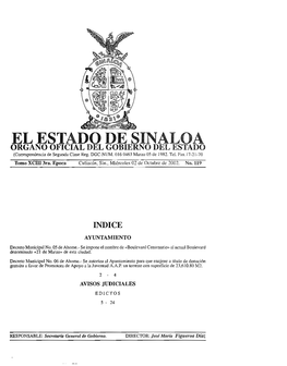 EL ESTADO DE SINALOA ORGANO OFICIAL DEL GOBIERNO DEL ESTADO {Correspondencia De Segunda Clase Reg