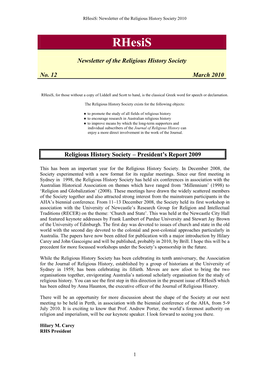 Rhesis: Newsletter of the Religious History Society 2010