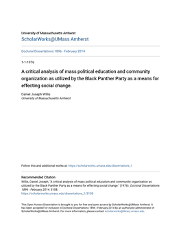 A Critical Analysis of Mass Political Education and Community Organization As Utilized by the Black Panther Party As a Means for Effecting Social Change