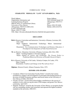 CURRICULUM VITAE CHARLOTTE NIRMALANI “LANI” GUNAWARDENA, Ph.D. Work Address: Home Address: Organization, Informati