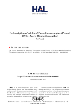 Redescription of Adults of Prasadiseius Cocytes (Prasad, 1970) (Acari: Otopheidomenidae) V