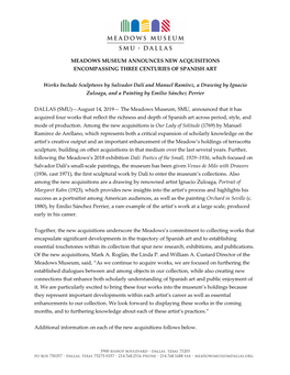 MEADOWS MUSEUM ANNOUNCES NEW ACQUISITIONS ENCOMPASSING THREE CENTURIES of SPANISH ART Works Include Sculptures by Salvador