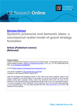 Systemic Pressures and Domestic Ideas: a Neoclassical Realist Model of Grand Strategy Formation