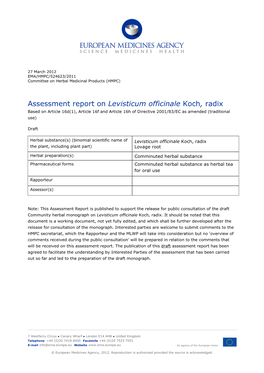 Assessment Report on Levisticum Officinale Koch, Radix Based on Article 16D(1), Article 16F and Article 16H of Directive 2001/83/EC As Amended (Traditional Use)