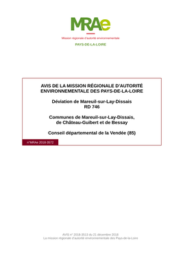 AVIS DE LA MISSION RÉGIONALE D'autorité ENVIRONNEMENTALE DES PAYS-DE-LA-LOIRE Déviation De Mareuil-Sur-Lay-Dissais RD 746 C