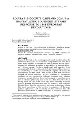 Louisa S. Mccord‟S Caius Gracchus: a Transatlantic Southern Literary Response to 1848 European Revolutions1