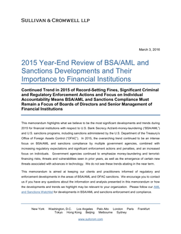 2015 Year-End Review of BSA/AML and Sanctions Developments and Their Importance to Financial Institutions