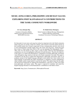Music, Song Lyrics, Philosophy and Human Values: Exploring Poet Kannadasan’S Contributions to the Tamil Community Worldwide