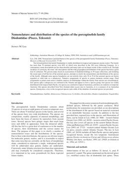 Nomenclature and Distribution of the Species of the Porcupinefish Family