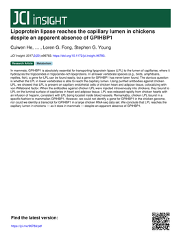 Lipoprotein Lipase Reaches the Capillary Lumen in Chickens Despite an Apparent Absence of GPIHBP1