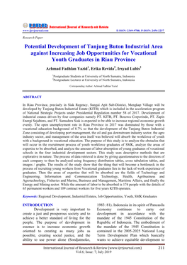 Potential Development of Tanjung Buton Industrial Area Against Increasing Job Opportunities for Vocational Youth Graduates in Riau Province