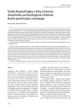 Grafų Keyserlingkų Ir Kitų Lietuvos Dvarininkų Archeologiniai Rinkiniai Kuršo Provincijos Muziejuje