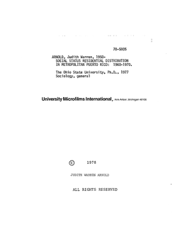 78-5805 ARNOLD, Judith Warren, 1950- SOCIAL STATUS RESIDENTIAL DISTRIBUTION in METROPOLITAN PUERTO RICO: 1960-1970