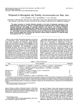 Proposal to Recognize the Family Aeromonadaceae Fam. Nov. R