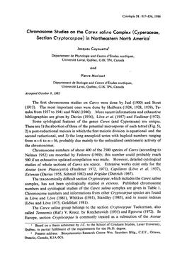 Chromosome Studies on the Carex Satina Complex (Cyperaceae, Section Cryptocarpae) in Northeastern North America1