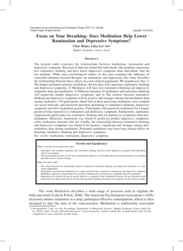 Focus on Your Breathing: Does Meditation Help Lower Rumination and Depressive Symptoms? Chen Hemo, Lilac Lev-Ari* Ruppin Academic Center, Israel