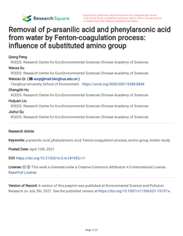 Removal of P-Arsanilic Acid and Phenylarsonic Acid from Water by Fenton-Coagulation Process: Infuence of Substituted Amino Group