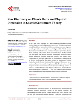 New Discovery on Planck Units and Physical Dimension in Cosmic Continuum Theory