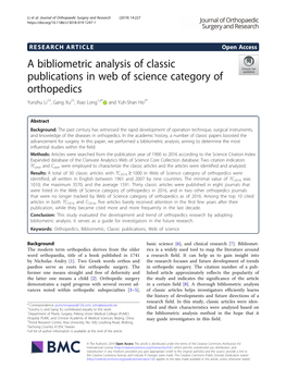 A Bibliometric Analysis of Classic Publications in Web of Science Category of Orthopedics Yunzhu Li1†, Gang Xu2†, Xiao Long1,4* and Yuh-Shan Ho3*