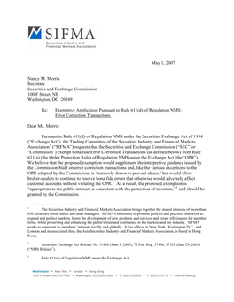 SIFMA Submits Comments to the SEC on Exemptive Relief for Error Correction Transactions