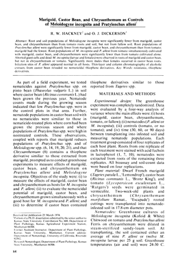 Marigold, Castor Bean, and Chrysanthemum As Controls of Meloidogyne Incognita and Pratylenchus Alleni ~