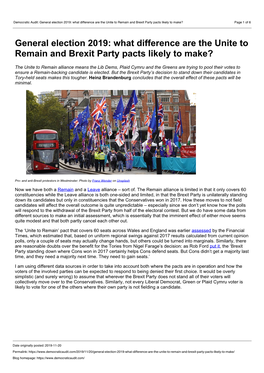 Democratic Audit: General Election 2019: What Difference Are the Unite to Remain and Brexit Party Pacts Likely to Make? Page 1 of 6