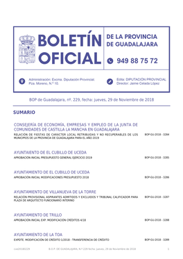 BOP De Guadalajara, Nº. 229, Fecha: Jueves, 29 De Noviembre De 2018