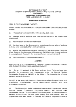 Government of India Ministry of Environment, Forest and Climate Change Lok Sabha Unstarred Question No.1890 to Be Answered on 14.03.2017