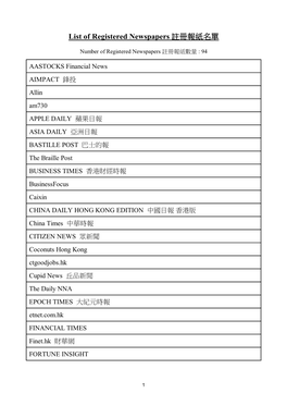 List of Registered Newspapers 註冊報紙名單