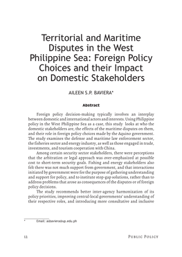 Territorial and Maritime Disputes in the West Philippine Sea: Foreign Policy Choices and Their Impact on Domestic Stakeholders