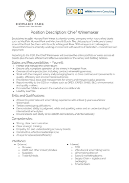 Position Description: Chief Winemaker