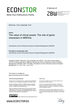 The Value of Virtual Assets: the Role of Game Characters in Mmogs