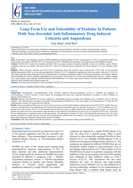 Long-Term Use and Tolerability of Etodolac in Patients with Non-Steroidal Anti-Inflammatory Drug Induced Urticaria and Angioedem