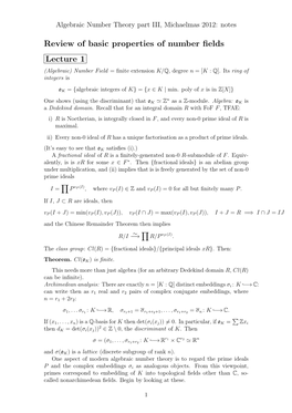 Review of Basic Properties of Number Fields Lecture 1